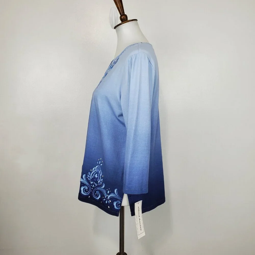 Alfred Dunner Blue Ombre Embroidered Embellished Knit Top NEW NWT Size S - Picture 5 of 14